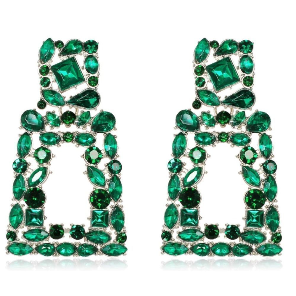Silver with Emerald Green Crystal Geometric Rectangle Post Back Drop Earrings